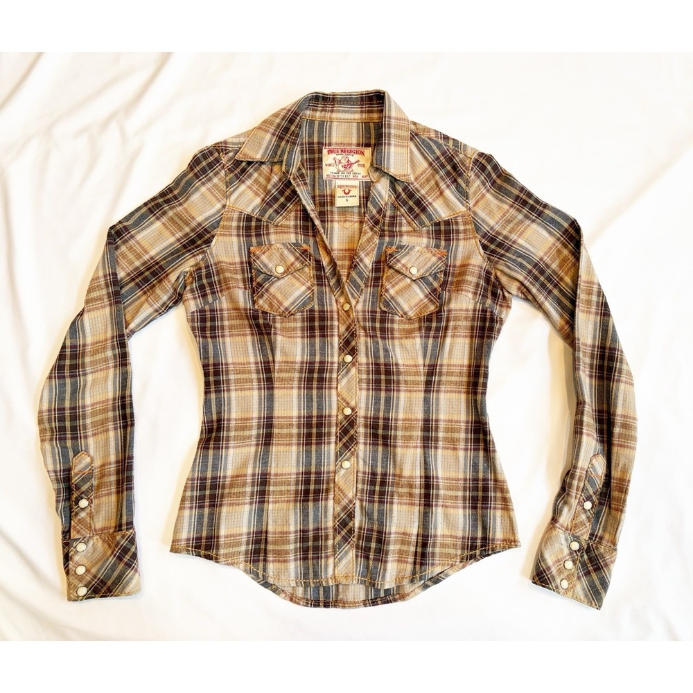 True Religion flannel Plaid Pearl snap Button Long Sleeve Shirt Multi Color